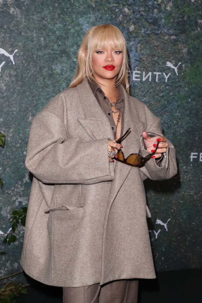 Rihanna attends a Fenty x Puma Creeper Phatty launch party on April 17 in London, celebrity style, earth tone, Peter Do, Tom Ford