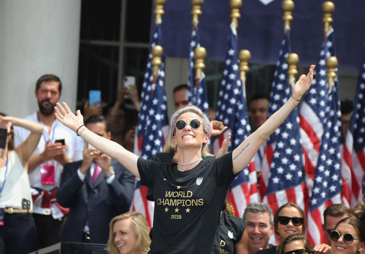NEW YORK, NEW YORK - JULY 10: Megan Rapinoe and members of the United States Women's National Soccer Team are honored at a ceremony at City Hall on July 10, 2019 in New York City. The honor followed a ticker tape parade up lower Manhattan's "Canyon of Heroes" to celebrate their gold medal victory in the 2019 Women's World Cup in France. (Photo by Bruce Bennett/Getty Images)
