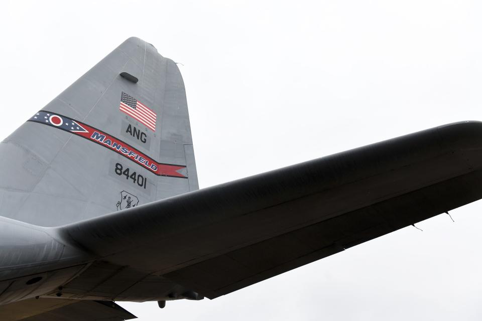 The tail of the C-130H Hercules as it's moved Saturday morning to the MAPS Museum in Green.