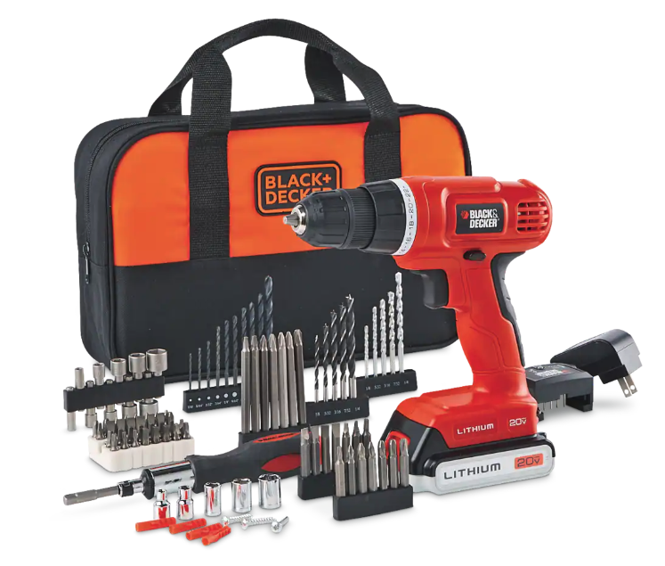 Black + Decker 20V Cordless Drill with Battery, Charger & 100-pc Accessory Set. Image via Canadian Tire.