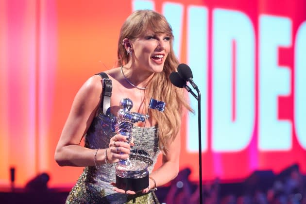 Taylor Swift accepts the Video of the Year award for "Fortnight" at the 2024 MTV Video Music Awards, held at UBS Arena on Sept. 11, 2024 in Elmont, New York. - Credit: Christopher Polk/Billboard/Getty Images