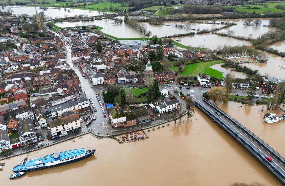 Flooding around the town of Upton on Severn in Worcestershire. The Met Office has issued an amber weather warning for Storm Henk, which is forecast to bring gusts of up to 80mph to parts of the UK. Picture date: Tuesday January 2, 2024. (Photo by David Davies/PA Images via Getty Images)