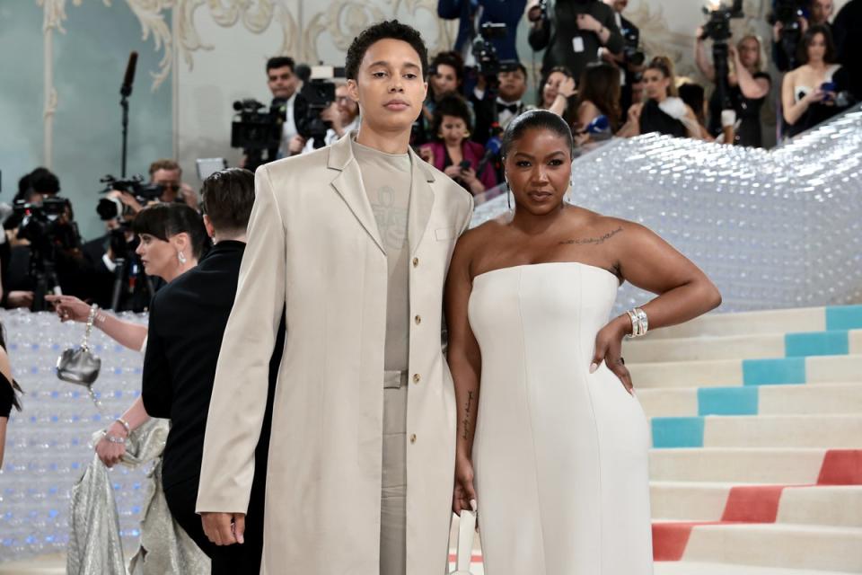 Brittney Griner, pictured at the Met Gala in May 2023 with her wife Cherelle Griner, reflected on her time in a Russian prison (Getty Images)