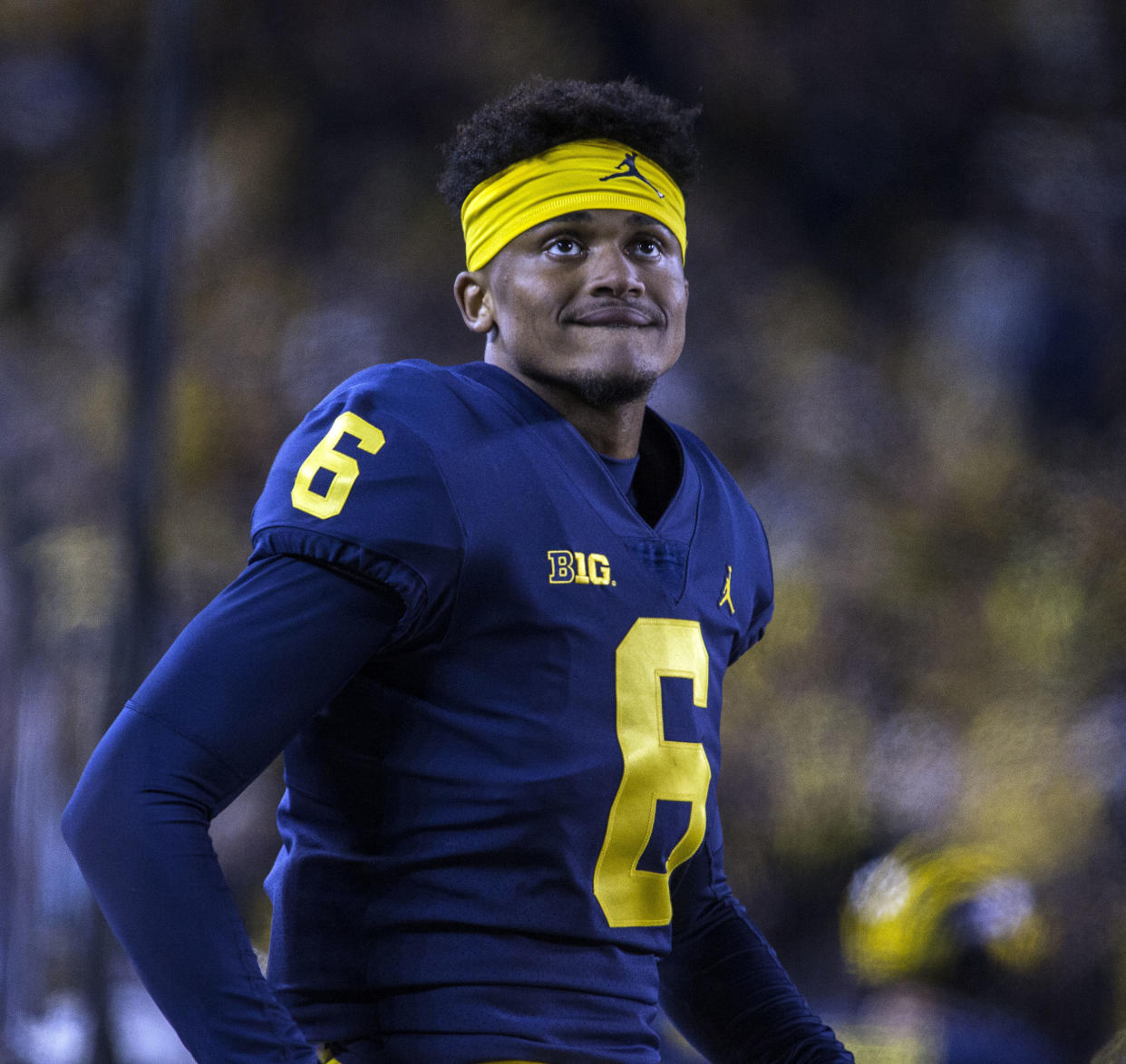 Michigan defensive back Myles Sims (6) sit on the bench in the fourth quarter of an NCAA college football game against Penn State in Ann Arbor, Mich., Saturday, Nov. 3, 2018. Michigan won 42-7. (AP Photo/Tony Ding)