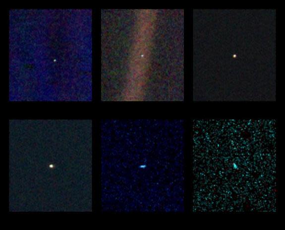 These six narrow-angle color images were made from the first ever "portrait" of the solar system taken by NASA's Voyager 1 spacecraft on Feb. 14, 1990, when the probe was more than 4 billion miles (6.4 billion kilometers) from Earth.