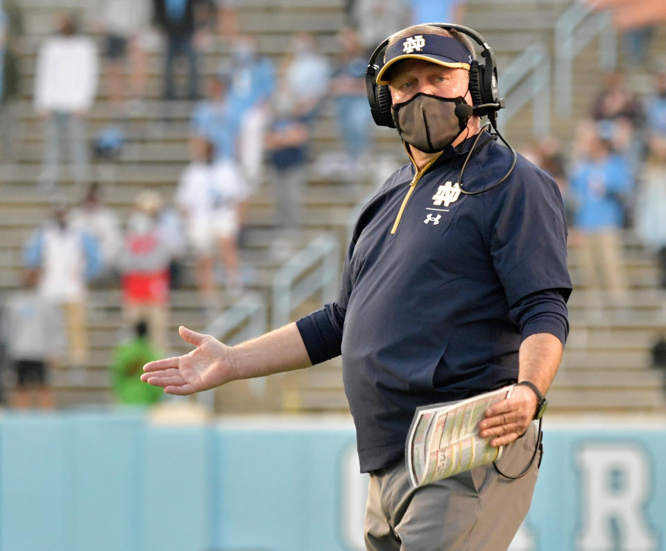 Notre Dame coach Brian Kelly reacts during the first half of his team's game against North Carolina on Nov. 27, 2020. (Grant Halverson/Getty Images)