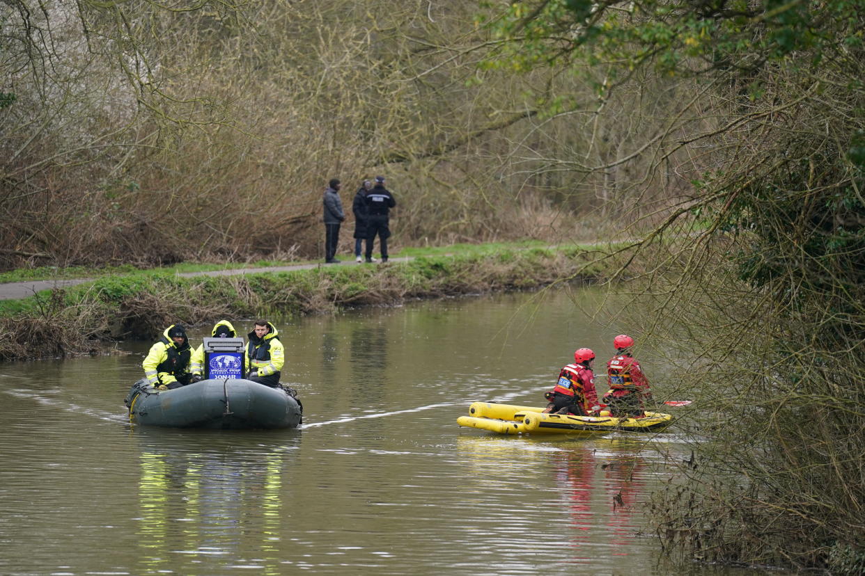 Police search teams (right) and Specialist Group International (SGI) have joined the search operation for two-year-old Xielo Maruziva at the river Soar after Leicestershire Police received reports that the little boy, who was with family members, fell into the water on February 18 in Aylestone Meadows, close to Marsden Lane, Leicester. Picture date: Tuesday February 27, 2024. (Photo by Joe Giddens/PA Images via Getty Images)