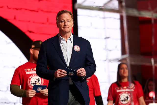 <p>Kevin Sabitus/Getty </p> Roger Goodell at Union Station in Kansas City, Missouri during day 2 of the 2023 NFL Draft on April 28, 2023