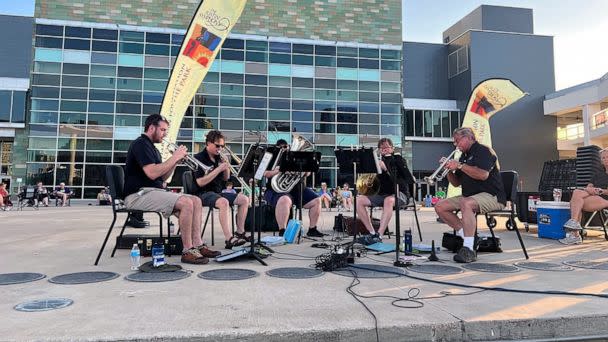 PHOTO: The Austin Symphony Orchestra (ASO) Brass Quintet performs on the Long Center Terrace, June 5, 2022, in Austin, Texas. (Austin Symphony Orchestra)