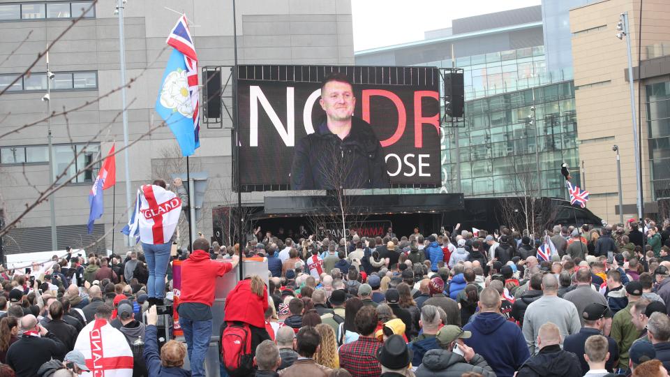 Backers of the former leader of the English Defence League gathered outside the broadcaster's base in Salford for a demonstration.