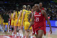 Canada leave the court after their loss to Australia in their bronze medal game at the women's Basketball World Cup in Sydney, Australia, Saturday, Oct. 1, 2022. (AP Photo/Mark Baker)