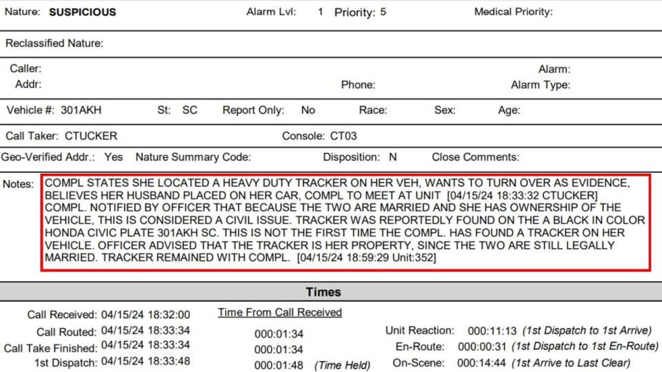 A screenshot of a police report from the April 15 tracker incident