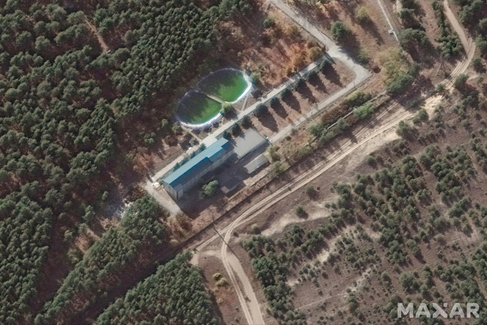 This image from Maxar Technologies shows a nursing home in the eastern region of Luhansk, Ukraine, on Oct. 13, 2021. A United Nations report says Ukraine’s armed forces bear a large share of the blame for a deadly assault on a care home for the elderly and disabled. Ukrainian fighters occupied the facility in March and then battled Kremlin-backed rebels while dozens of patients and staff were trapped inside. (Satellite image ©2022 Maxar Technologies via AP)