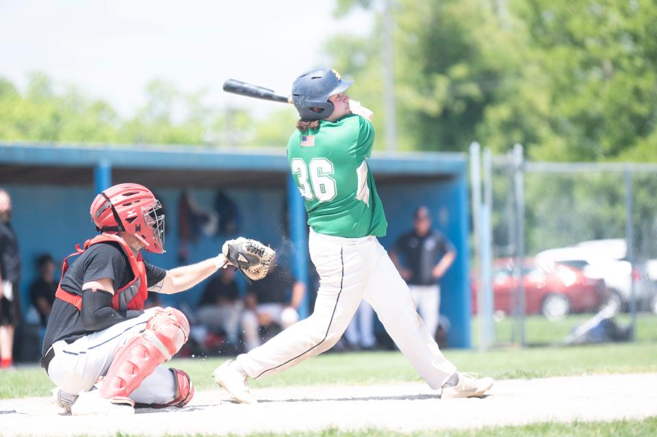 Shamrocks catcher Seth Clothier takes a swing during a series game against Fort Wayne at Bailey Park on Thursday, Aug. 3, 2023.