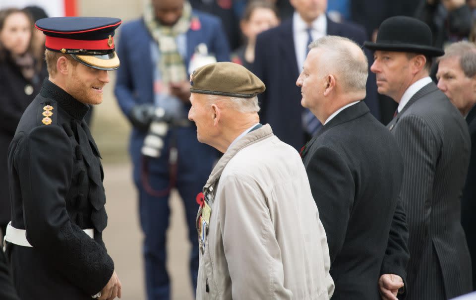 The flame-haired royal was attending an event to honour soldier at the Field of Remembrance when he was asked by 28-year-old Matt Weston where his “missus” was. Photo: Getty Images