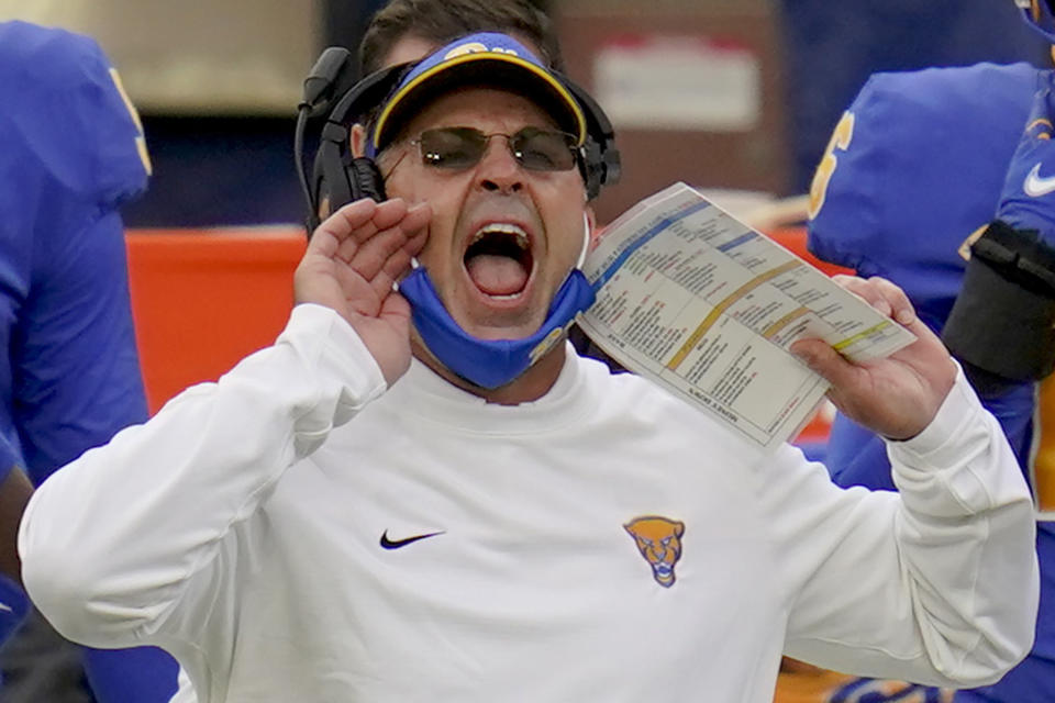 FILE - In this Saturday, Oct. 3, 2020, file photo, Pittsburgh head coach Pat Narduzzi yells to his team as they play against North Carolina State during the first half of an NCAA college football game, in Pittsburgh. The No. 13-ranked Hurricanes are 9 1/2-point favorites against Pittsburgh on Saturday, Oct. 17. (AP Photo/Keith Srakocic, File)