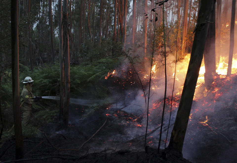 <p>Firefighters of the Portuguese National Republican Guard work to stop a forest fire from reaching the village of Avelar, central Portugal, at sunrise Sunday, June 18 2017. (Armando Franca/AP), </p>