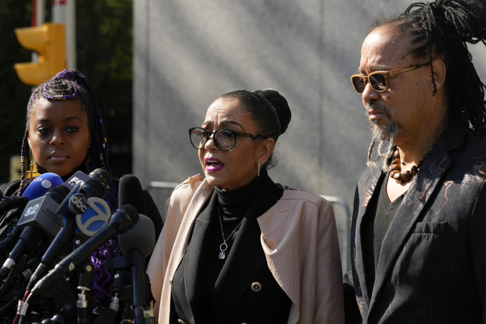 Kathryn Townsend Griffin, center, daughter of singer and songwriter Ed Townsend, speaks outside New York Federal Court before the start of a copyright infringement trial against singer Ed Sheeran, Tuesday, April 25, 2023, in New York. (AP Photo/Seth Wenig)