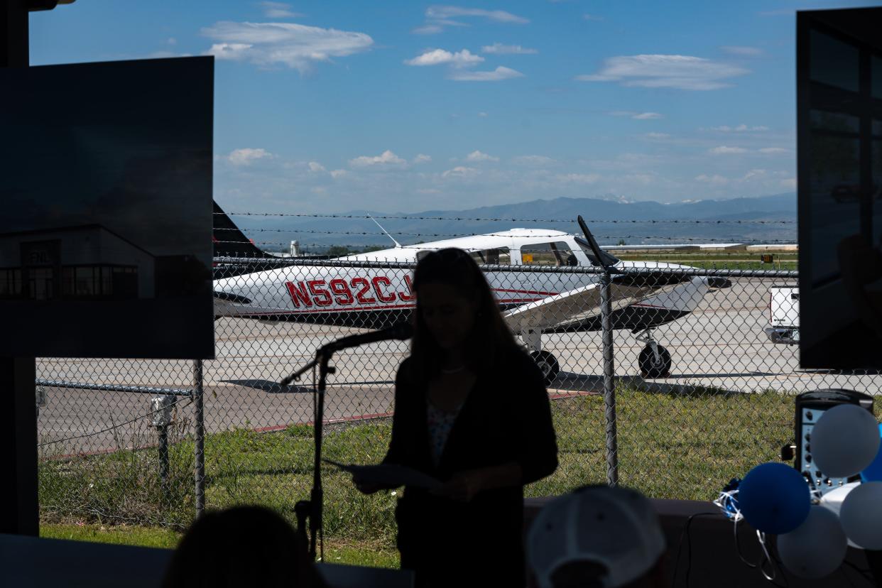 Fort Collins Mayor Jeni Arndt gives remarks as an airplane is parked on the tarmac during a groundbreaking ceremony for a new terminal at the Northern Colorado Regional Airport on Thursday, July 13, 2023, in Loveland, Colo.