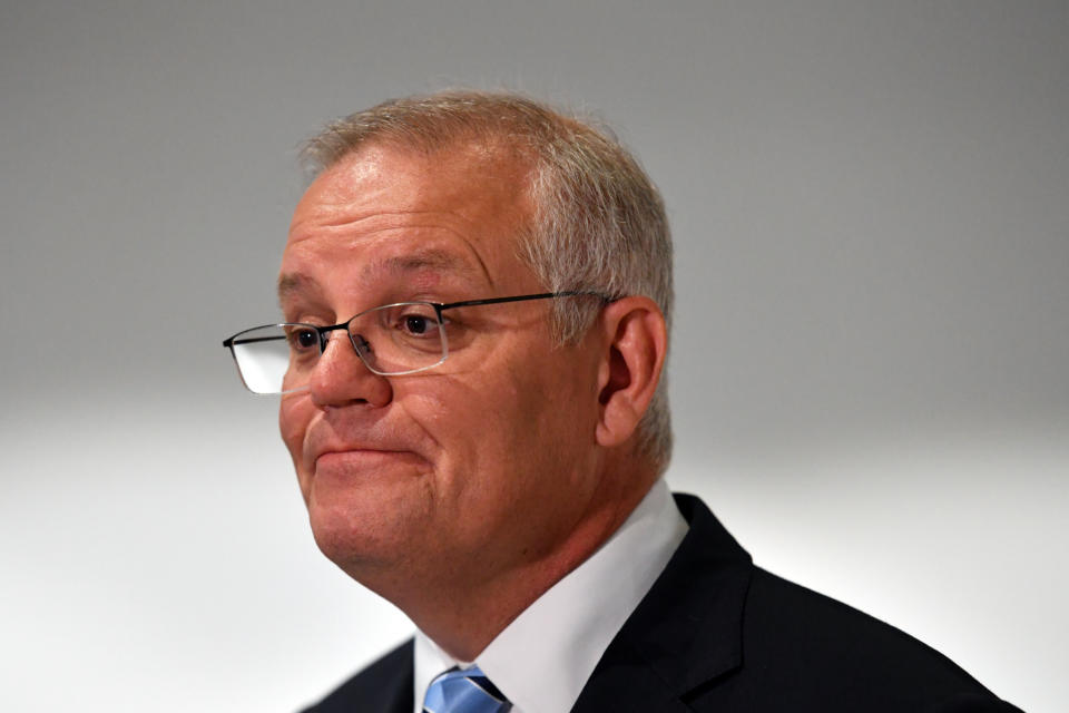 Prime Minister Scott Morrison at a press conference on Day 25 of the 2022 federal election campaign, in Granville in Sydney, in the seat of Parramatta. 