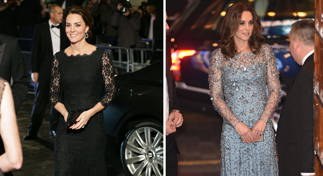 Kate at the Royal Variety Performance in 2014 and 2017. [Photo: Getty]