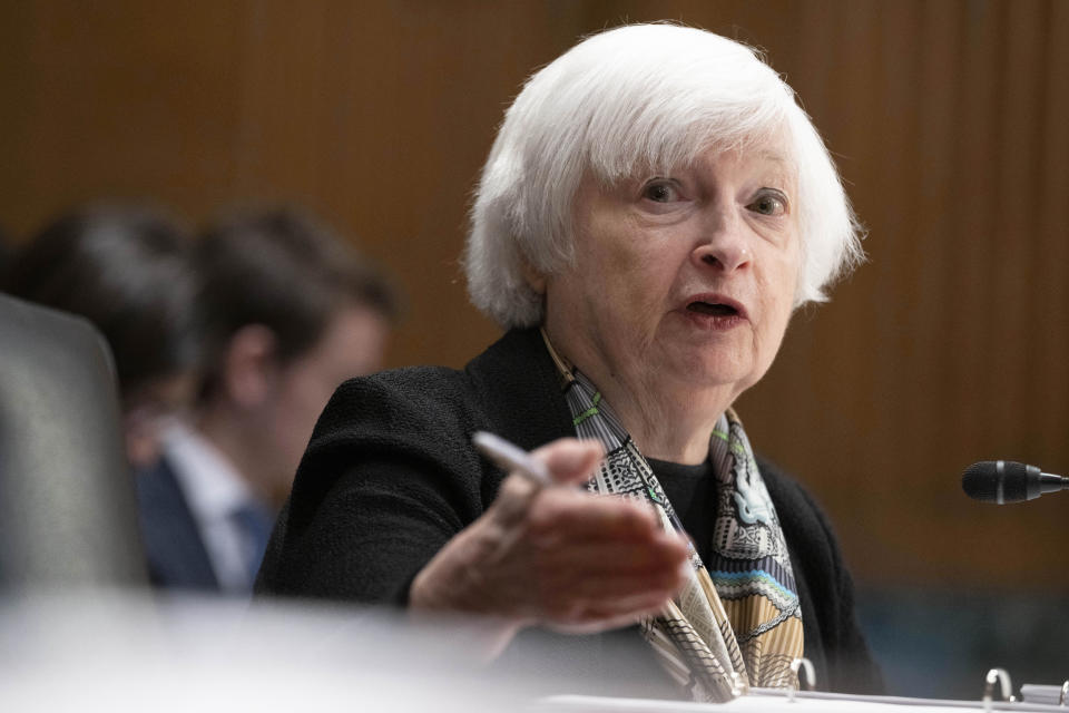 Treasury Secretary Janet Yellen testifies before the Senate Finance Committee about President Joe Biden's proposed budget request for the fiscal year 2024, Thursday, March 16, 2023, on Capitol Hill in Washington. (AP Photo/Jacquelyn Martin)