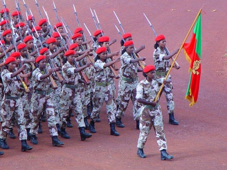 <span class="caption">Women soldiers in Eritrea, where people can face almost indefinite conscription.</span> <span class="attribution"><a class="link " href="https://upload.wikimedia.org/wikipedia/commons/f/ff/Soldiers_of_Eritrea_%28women%29.jpg" rel="nofollow noopener" target="_blank" data-ylk="slk:Temesgen Woldezion, Merhawie via Wikipedia Commons;elm:context_link;itc:0;sec:content-canvas">Temesgen Woldezion, Merhawie via Wikipedia Commons</a>, <a class="link " href="http://creativecommons.org/licenses/by-sa/4.0/" rel="nofollow noopener" target="_blank" data-ylk="slk:CC BY-SA;elm:context_link;itc:0;sec:content-canvas">CC BY-SA</a></span>