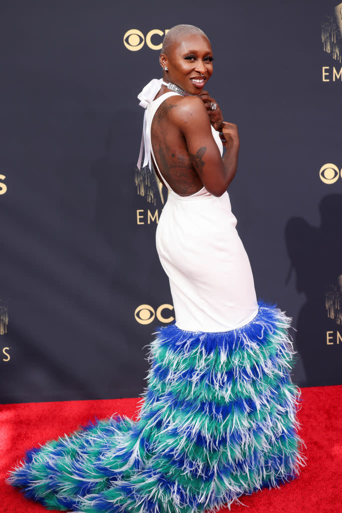 Cynthia Erivo stands out from the crowd in a feathered Louis Vuitton. (Jay L. Clendenin / Los Angeles Times)