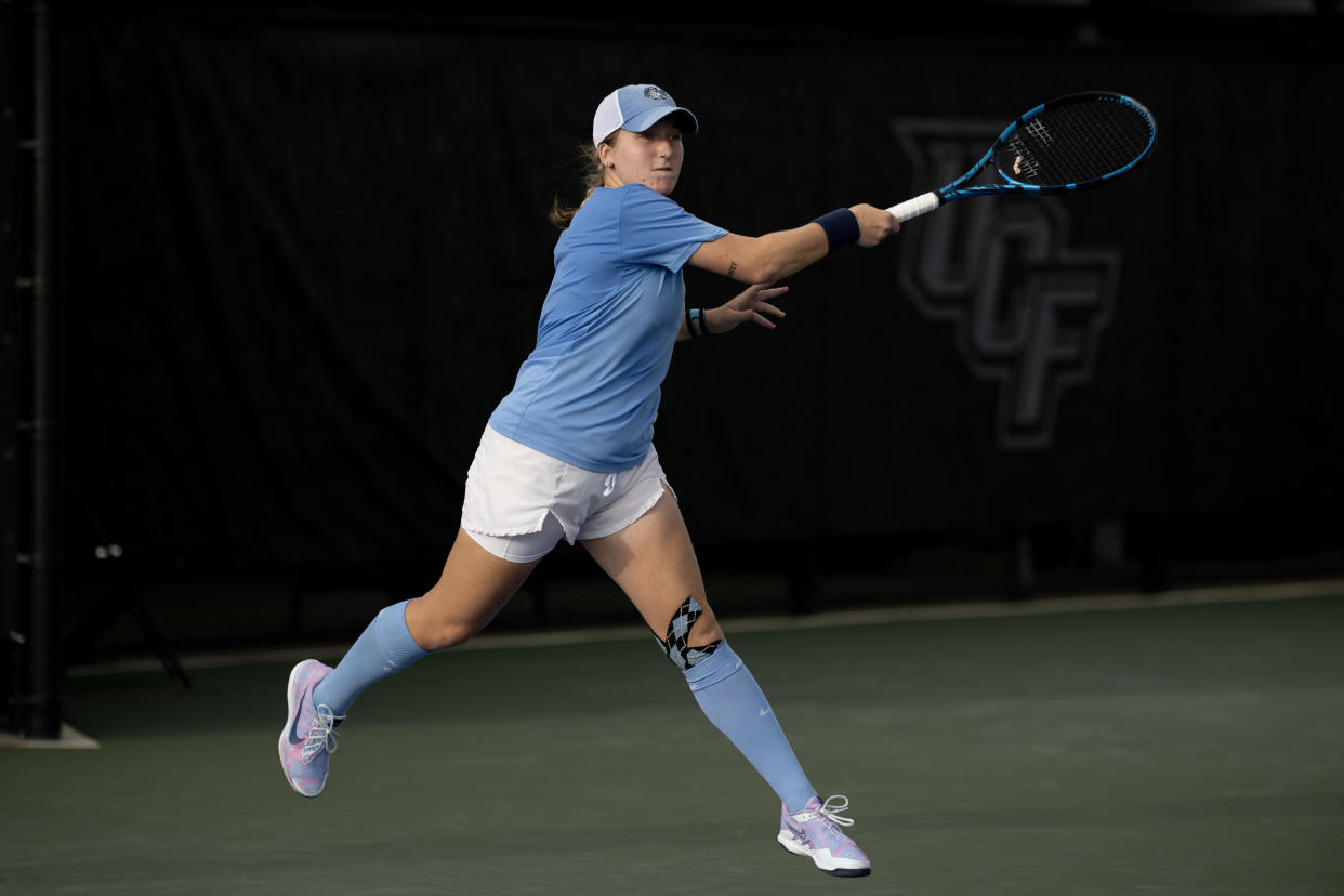 ORLANDO, FL - MAY 20: Reese Brantmeier of North Carolina hits a forehand during the Division I Women's Tennis Championship between North Carolina and NC State held at the USTA National Campus on May 20, 2023 in Orlando, Florida. (Photo by Preston Mack/NCAA Photos via Getty Images)