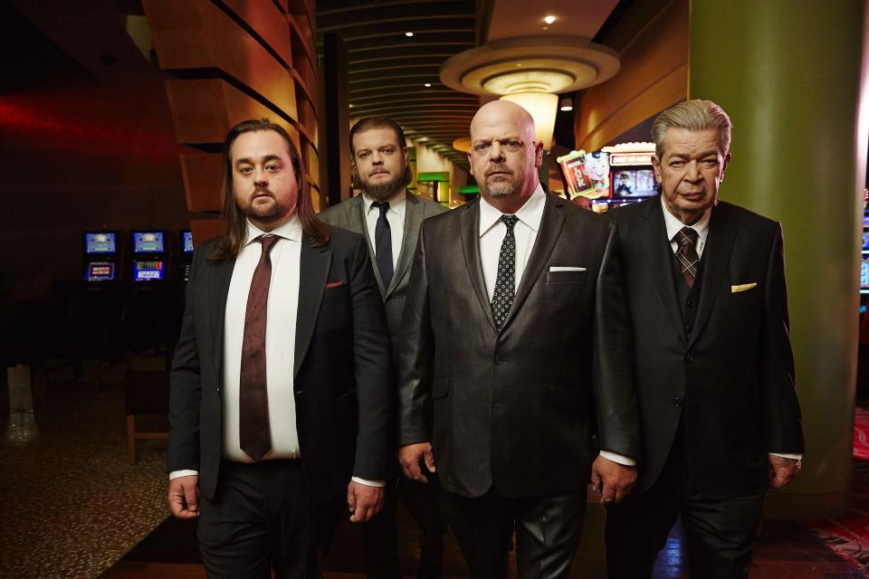 Pawn Stars. From left: Chumlee, Corey Harrison, Rick Harrison, Richard Harrison Photo by Joey L. Copyright 2015 [Via MerlinFTP Drop]