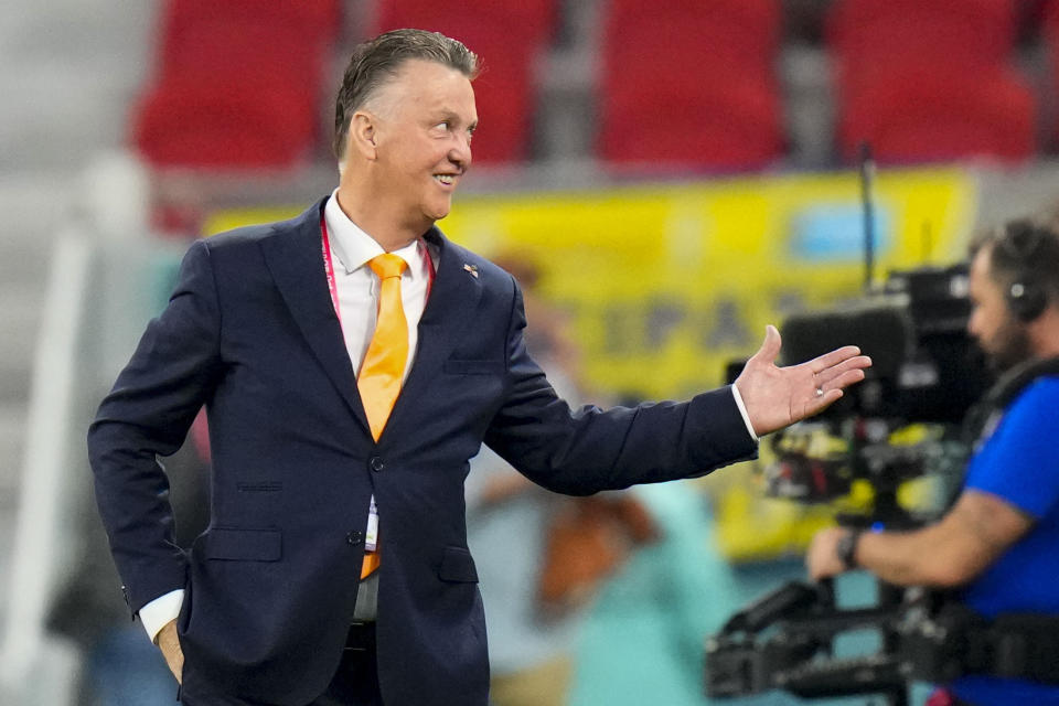 Head coach Louis van Gaal of the Netherlands smiles prior to the World Cup, group A soccer match between Senegal and Netherlands at the Al Thumama Stadium in Doha, Qatar, Monday, Nov. 21, 2022. (AP Photo/Petr David Josek)