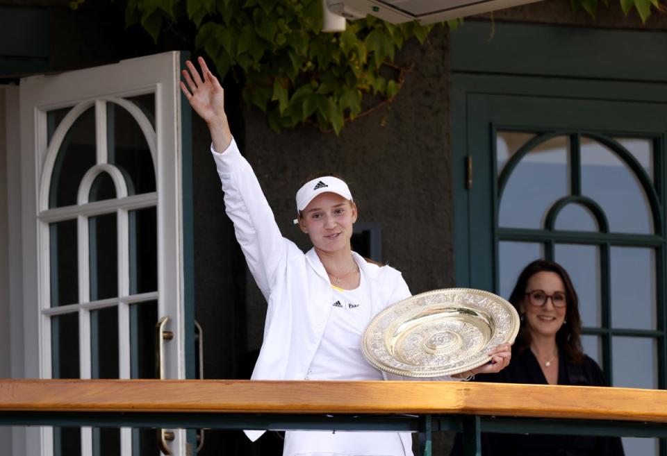 Women’s champion Elena Rybakina celebrates her win over Ons Jabeur (Steven Paston/PA) (PA Wire)