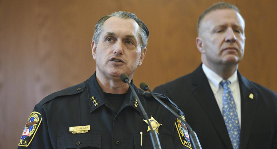 <span>James Black, Crystal Lake, Ill., Police Chief and Jeffrey Sallet, FBI Special Agent announce during a press conference that the parents of Andrew Freund are responsible for his death. </span>Source: AP