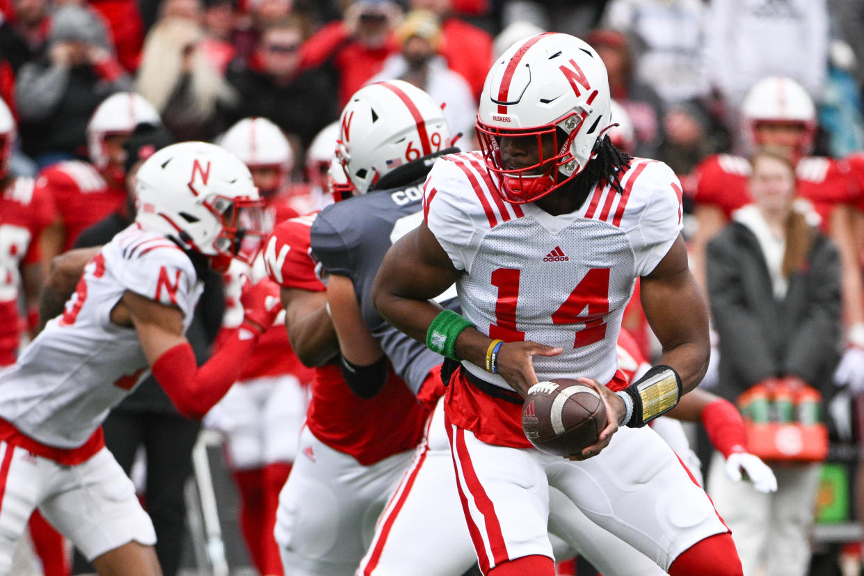 LINCOLN, NE - APRIL 22: Quarterback Jeff Sims #14 of Nebraska Cornhuskers hands off at Memorial Stadium on April 22, 2023 in Lincoln, Nebraska. (Photo by Steven Branscombe/Getty Images)