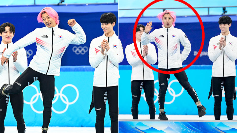 Seen here, South Korea's Kwak Yoon-gy performing a BTS dance during the short track speed skating medal ceremony. 