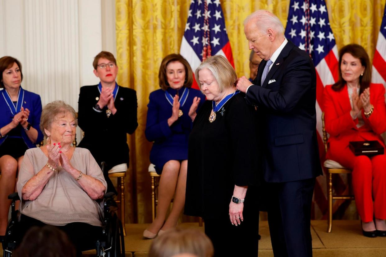 PHOTO: President Joe Biden awards the Medal of Freedom to Judy Shepard, mother of the late Matthew Shepard and founder of the foundation named in his honor, during a ceremony in the East Room of the White House, May 3, 2024. (Kevin Dietsch/Getty Images)