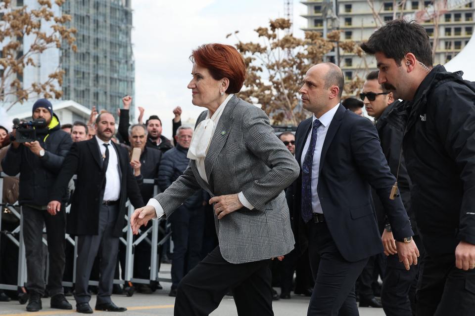 Meral Aksener, the head of Turkey's Iyi Party, arrives for a meeting between opposition party leaders in Ankara on March 6, 2023.