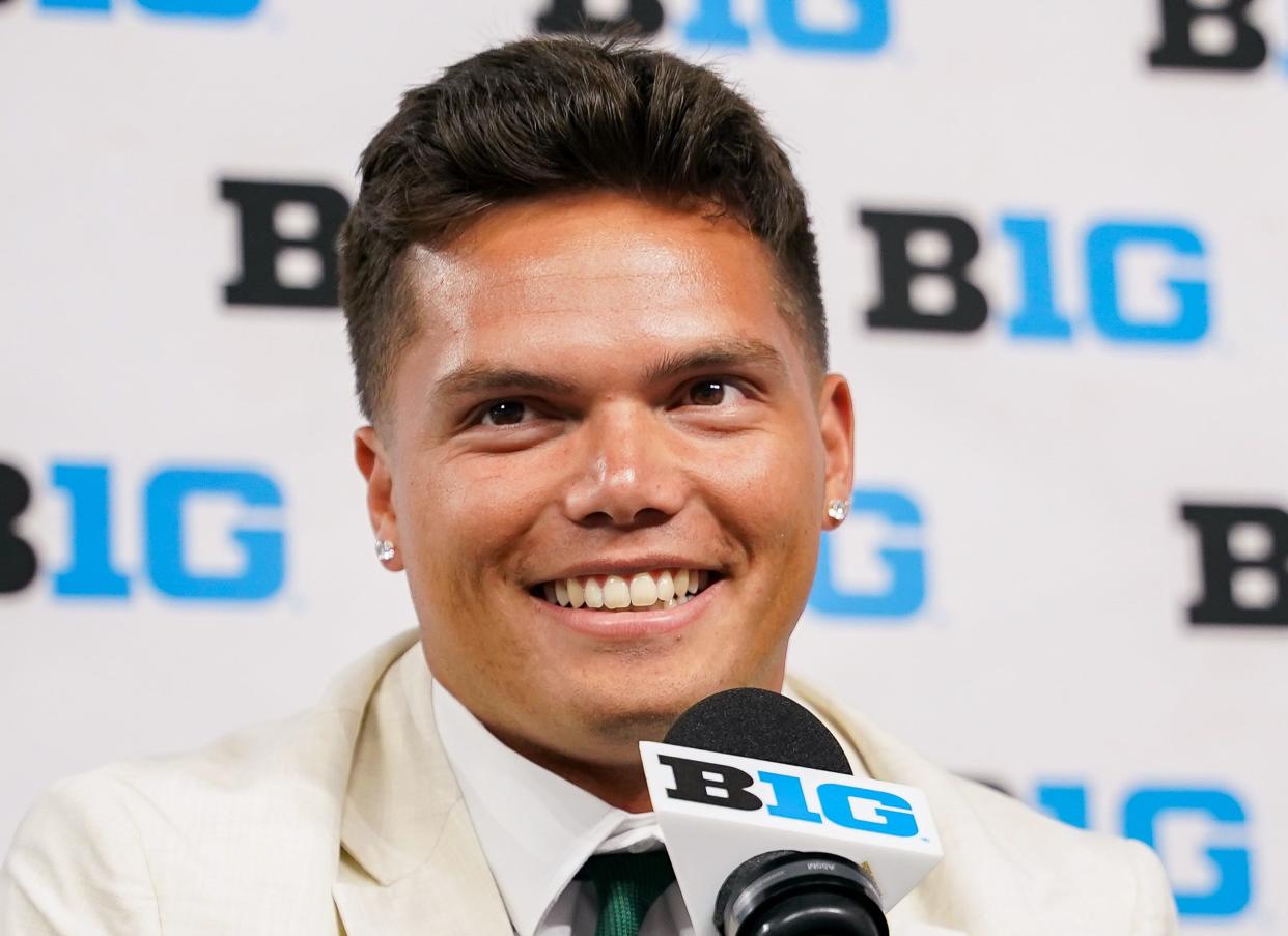 Jul 25, 2024; Indianapolis, IN, USA; Oregon Ducks quarterback Dillon Gabriel speaks to the media during the Big 10 football media day at Lucas Oil Stadium. Mandatory Credit: Robert Goddin-USA TODAY Sports