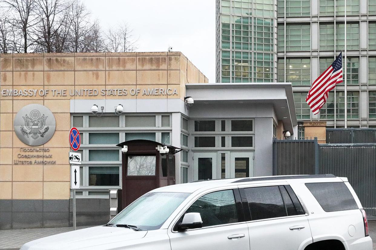 An outside view of the Consular Section at the US embassy in Bolshoi Devyatinsky Pereulok Street in central Moscow.