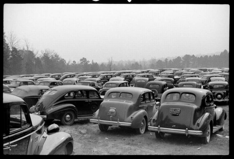 Cars packed the parking lots around the stadium at the sold-out Duke-Carolina football game played in Durham, NC in 1939.