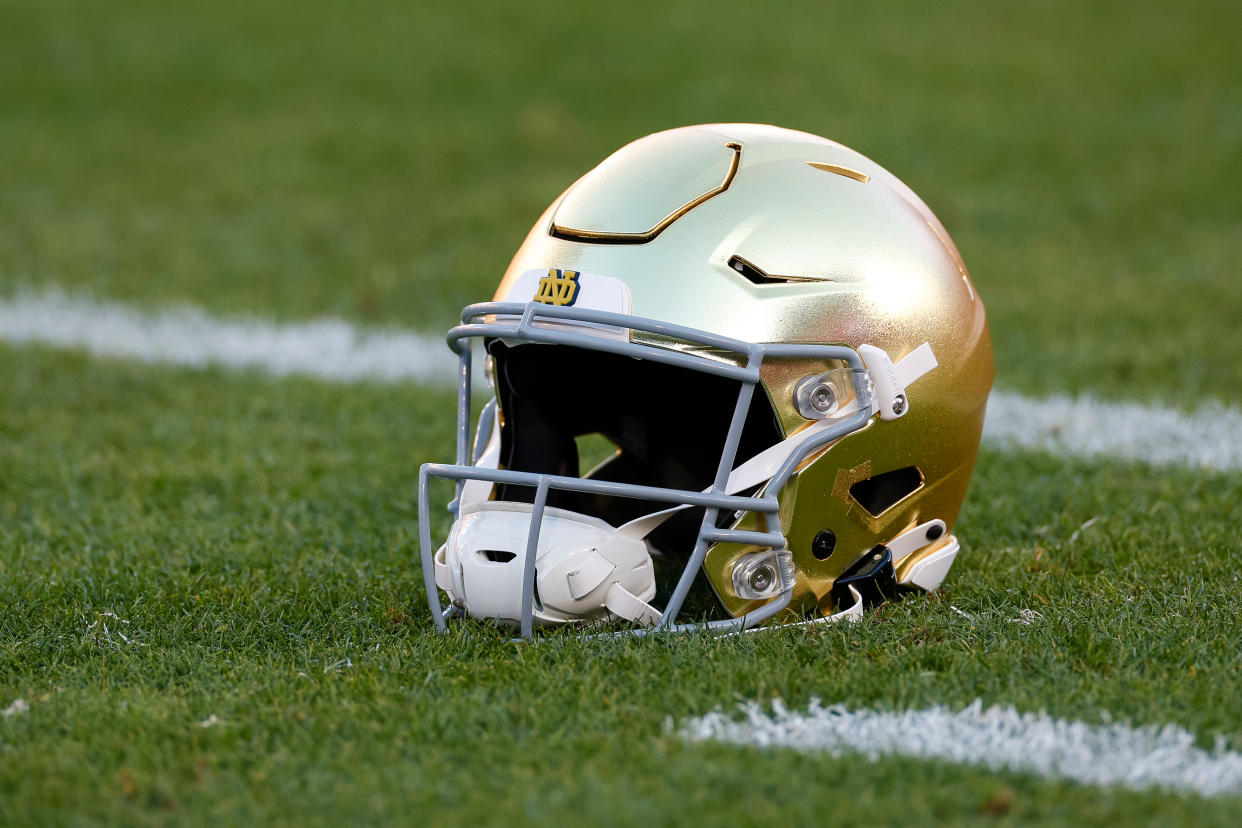 STANFORD, CALIFORNIA - NOVEMBER 25: Detailed view of a Notre Dame Fighting Irish helmet prior to a game against the Stanford Cardinal at Stanford Stadium on November 25, 2023 in Stanford, California. (Photo by Brandon Sloter/Image Of Sport/Getty Images)