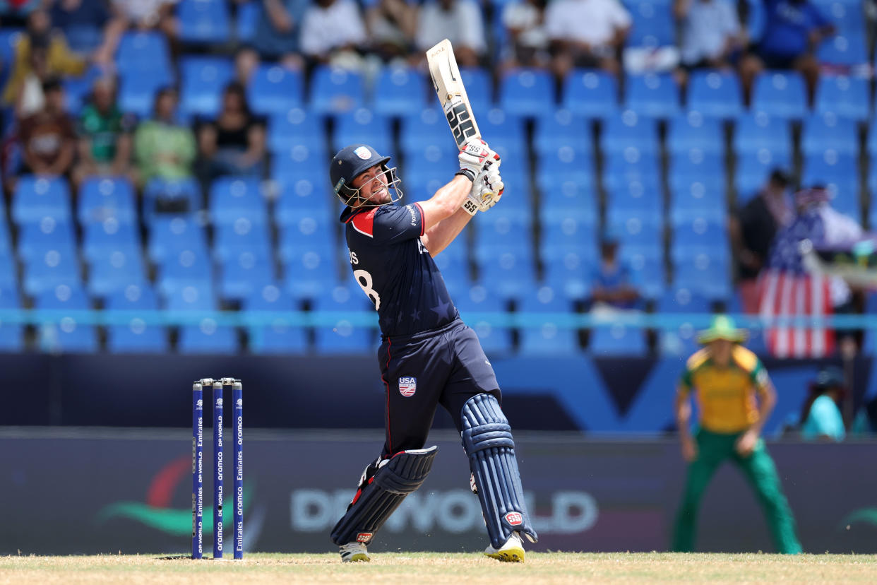 ANTIGUA, ANTIGUA AND BARBUDA - JUNE 19: Andries Gous USA bats during the ICC Men's T20 Cricket World Cup West Indies & USA 2024 Super Eight match between USA and South Africa at  Sir Vivian Richards Stadium on June 19, 2024 in Antigua, Antigua and Barbuda. (Photo by Jan Kruger-ICC/ICC via Getty Images)