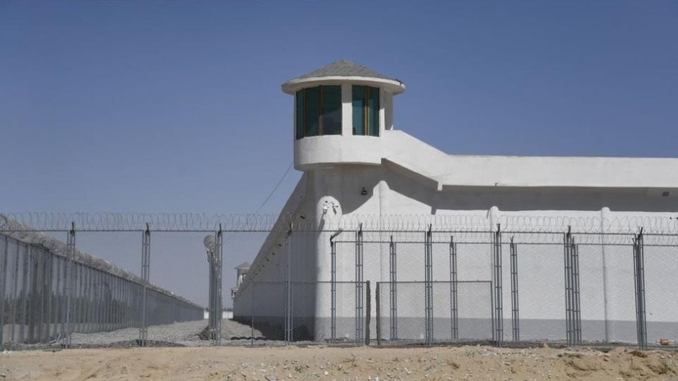 This photo taken on May 31, 2019 shows a watchtower on a high-security facility near what is believed to be a re-education camp where mostly Muslim ethnic minorities are detained, on the outskirts of Hotan, in China's northwestern Xinjiang region.