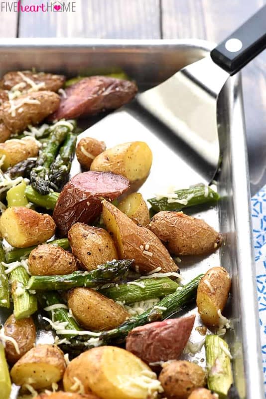 <p>Five Heart Home</p><p>This one-pan side dish is perfect for any weeknight or holiday meal. </p><p><strong>Get the recipe: <a href="https://www.fivehearthome.com/roasted-potatoes-asparagus-with-garlic-cheese-side-dish-recipe/" rel="nofollow noopener" target="_blank" data-ylk="slk:Cheesy Garlic Roasted Potatoes and Asparagus;elm:context_link;itc:0;sec:content-canvas" class="link rapid-noclick-resp">Cheesy Garlic Roasted Potatoes and Asparagus</a> </strong></p><p><strong>Related: <a href="https://parade.com/1339519/parade/easter-dessert-recipes/" rel="nofollow noopener" target="_blank" data-ylk="slk:45+ Easy Easter Desserts & Recipes;elm:context_link;itc:0;sec:content-canvas" class="link rapid-noclick-resp">45+ Easy Easter Desserts & Recipes</a></strong></p>