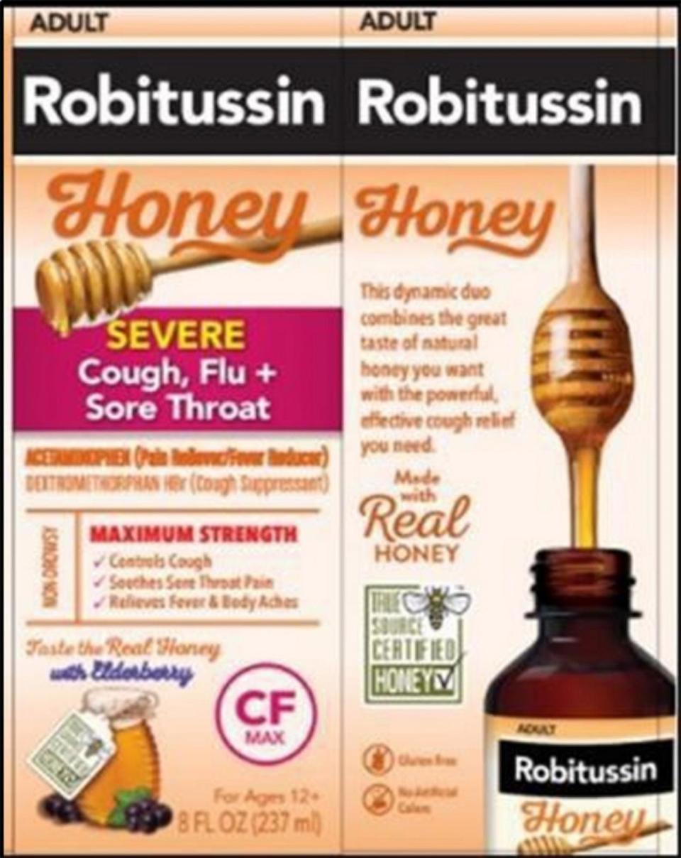 PHOTO: Haleon is voluntarily recalling eight lots of Robitussin Honey CF Max Day Adult and Robitussin Honey CF Max Nighttime Adult to the consumer level. (FDA)