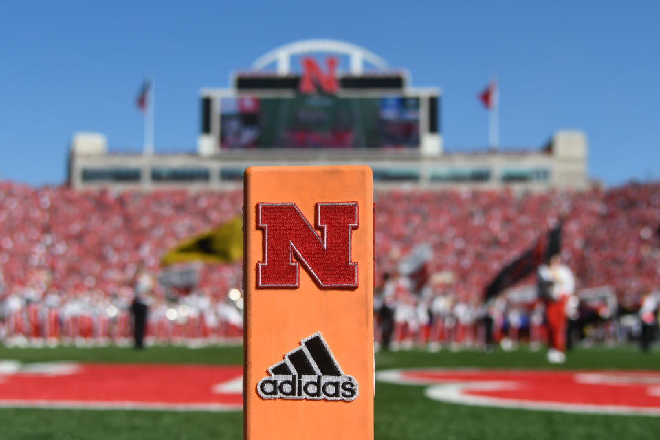 LINCOLN, NE - SEPTEMBER 15: General view of the end zone marker before the game between the Nebraska Cornhuskers and the Troy Trojans at Memorial Stadium on September 15, 2018 in Lincoln, Nebraska. (Photo by Steven Branscombe/Getty Images)