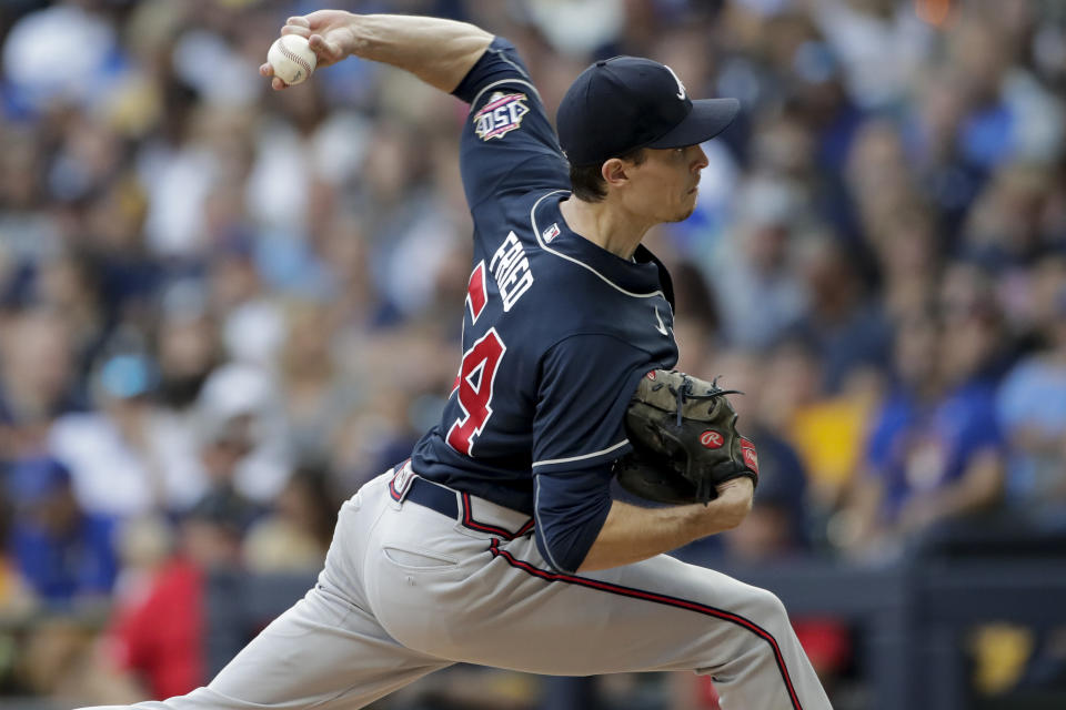 Atlanta Braves starting pitcher Max Fried throws against the Milwaukee Brewers during the first inning in Game 2 of baseball's National League Divisional Series Saturday, Oct. 9, 2021, in Milwaukee. (AP Photo/Aaron Gash)