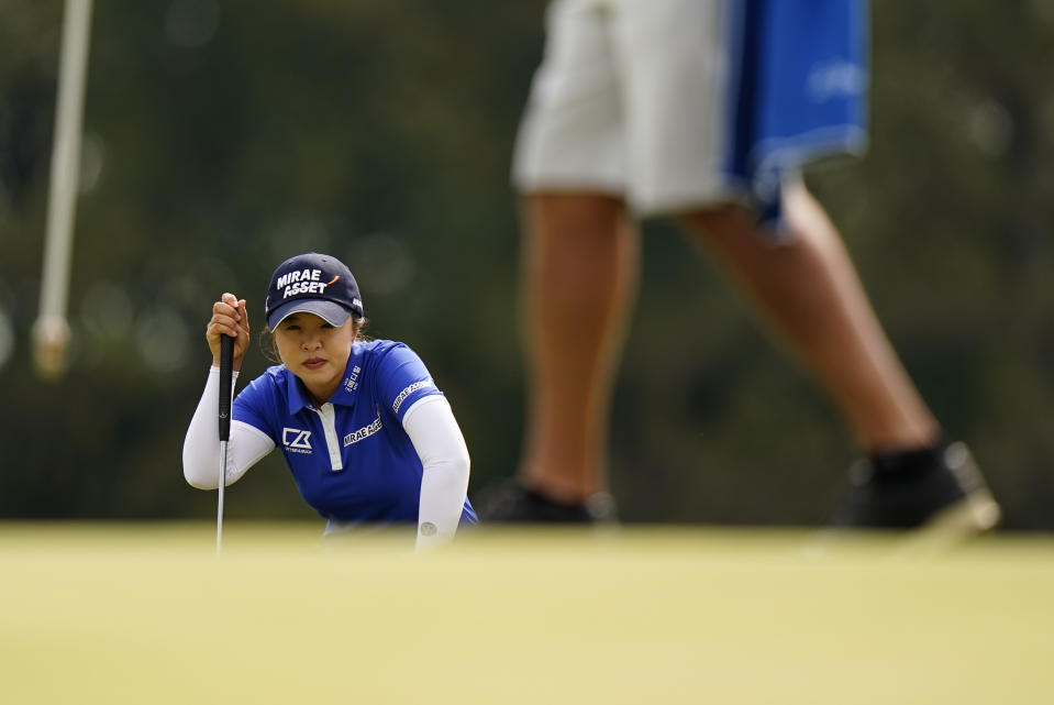 Sei Young Kim, of South Korea, looks at her putt on the 13th green during the third round at the KPMG Women's PGA Championship golf tournament at the Aronimink Golf Club, Saturday, Oct. 10, 2020, in Newtown Square, Pa. (AP Photo/Matt Slocum)