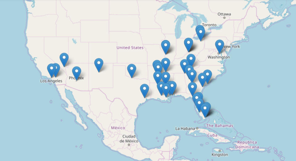 Mapa interactivo divulgado por el FBI de las ciudades de Estados Unidos donde Samuel Little confesó haber cometido sus crímenes