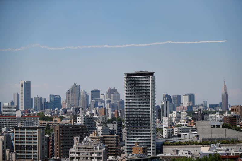 Japan Air Self-Defense Force stages a flyover to salute the medical workers at the frontline of the fight against the coronavirus disease (COVID-19), in Tokyo